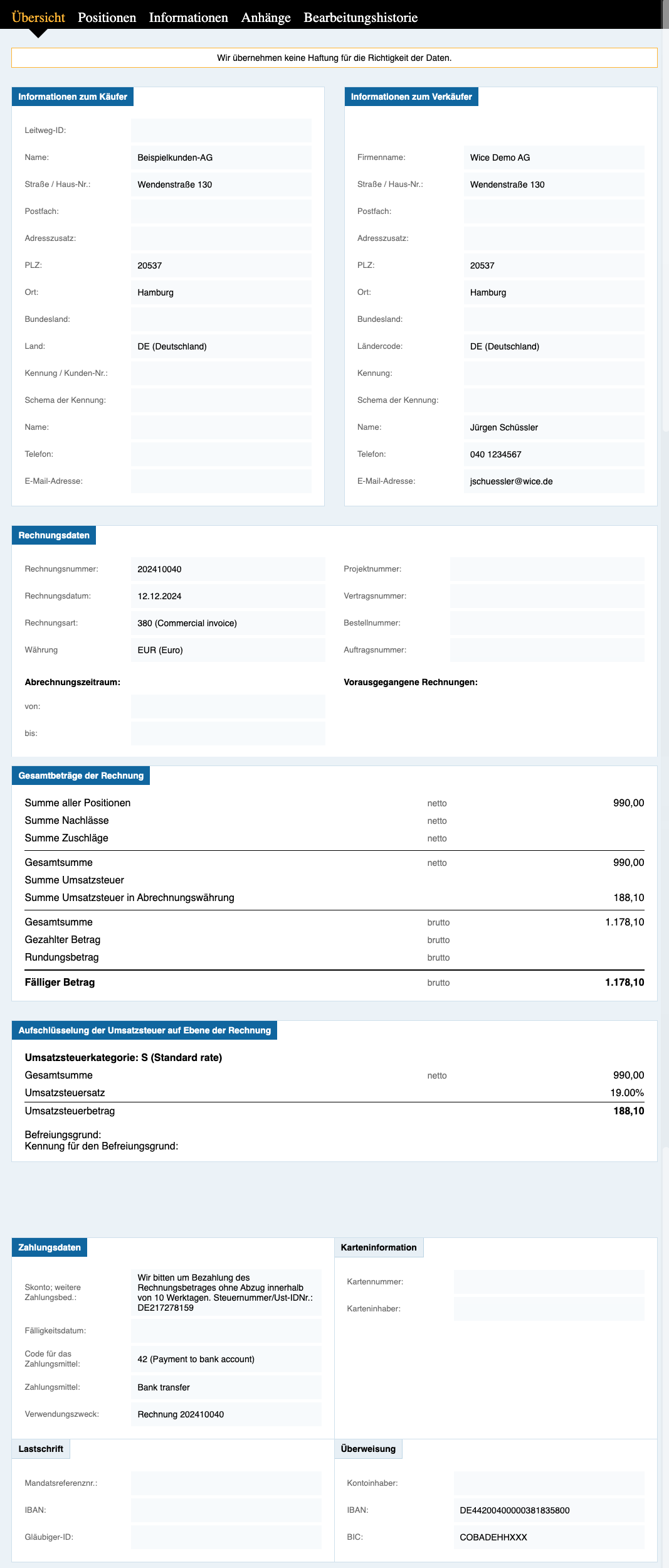 Von Wice CRM generiertes Ansichtexemplar einer E-Rechnung im XML-Format