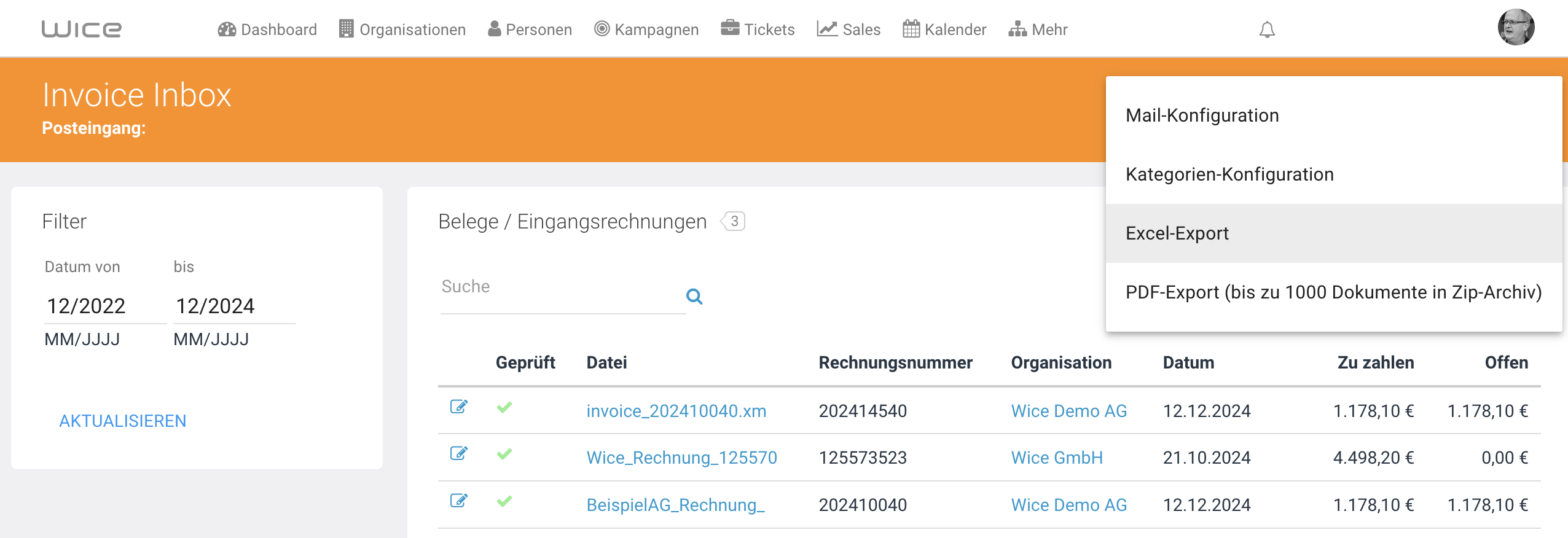 Export als Excel-Datei und Belege