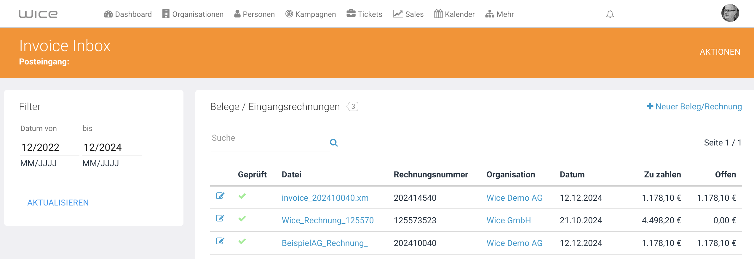 Übersicht über alle Rechnungen im Journal