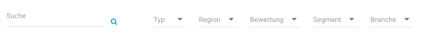 Organisations-Hauptansicht: Filter nach Typ, Region, Segment und Branche