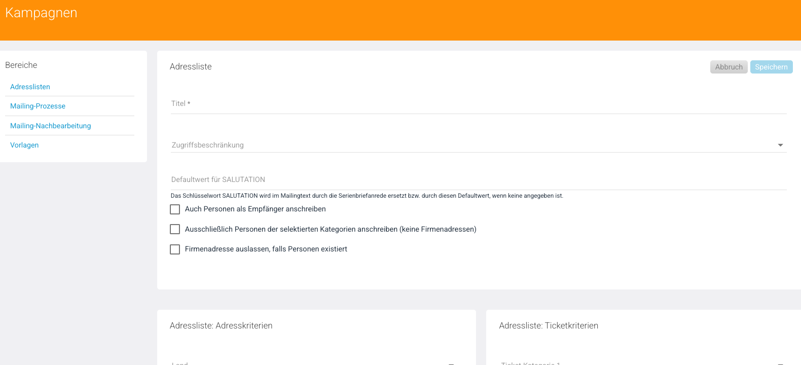 Adresslisten-Übersicht mit Export-Aktion