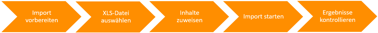 Import-Ablauf: vorbereiten, Datei wählen, zuweisen, starten, kontrollieren