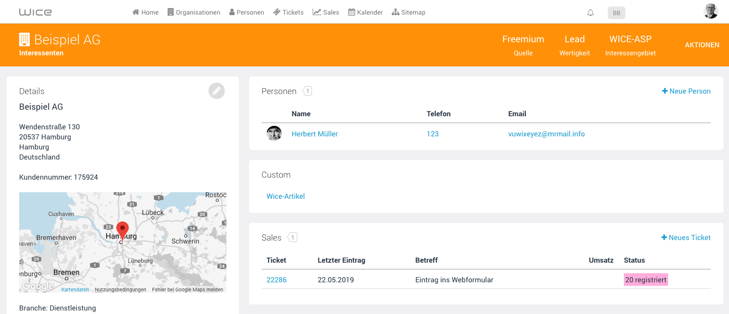 Neuer Lead in Wice CRM