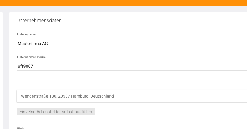 Bearbeitungsmodus — Firmenname, Farbe und Adresse