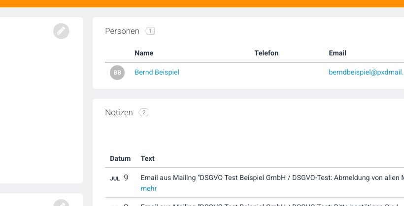 Organisation — Notiz mit versendeter Mailing-Mail