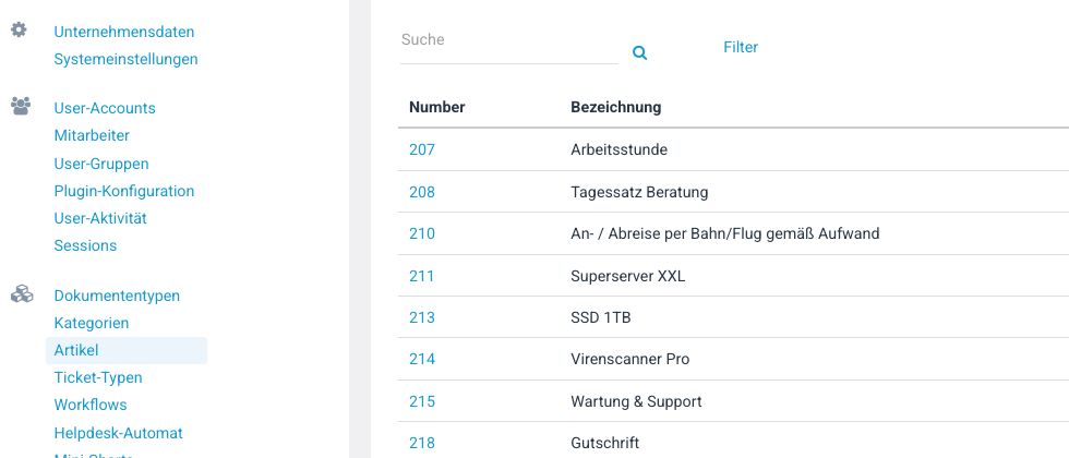 Artikelstamm in der Administration