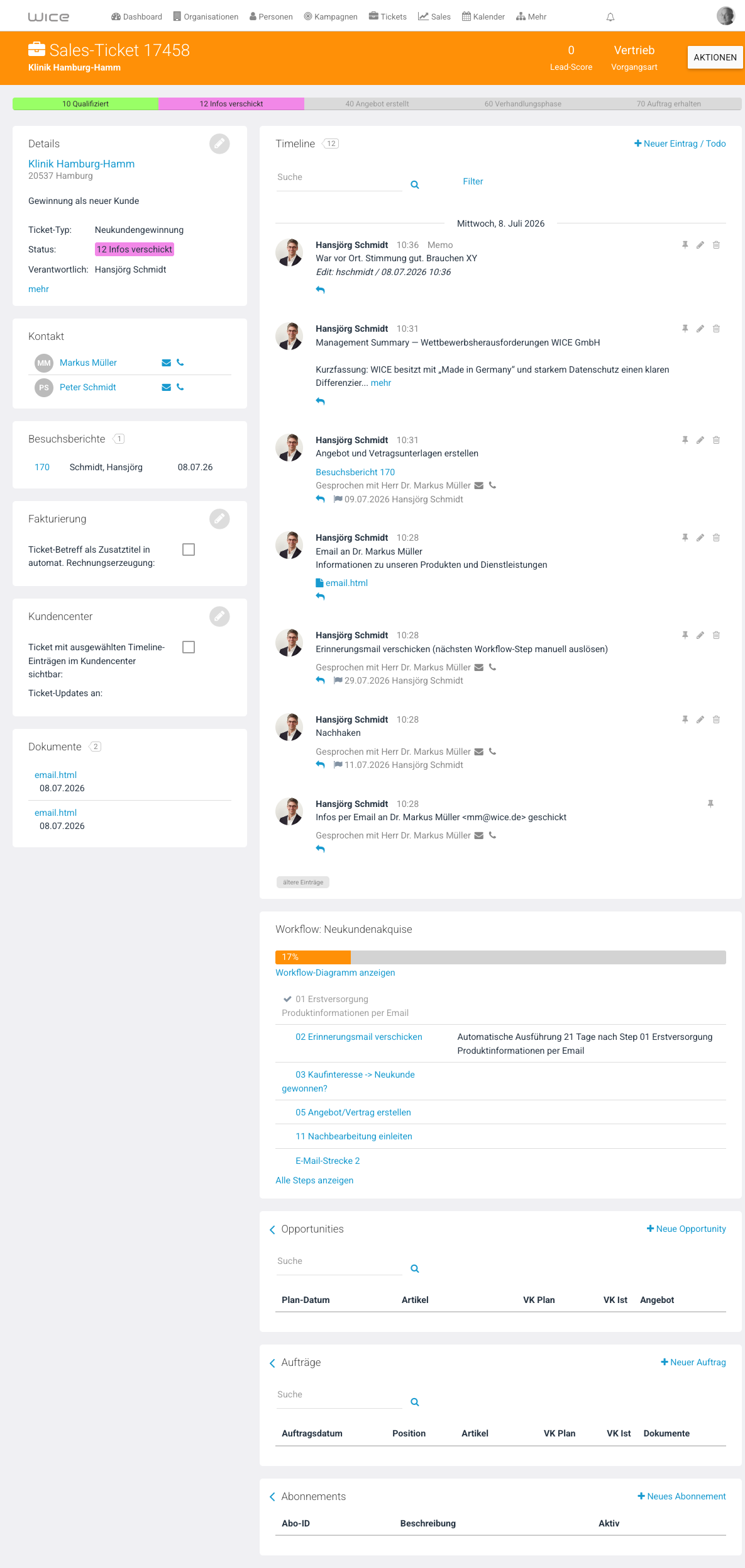 Ticket-Detail: Karte „Besuchsberichte" und Timeline-Eintrag