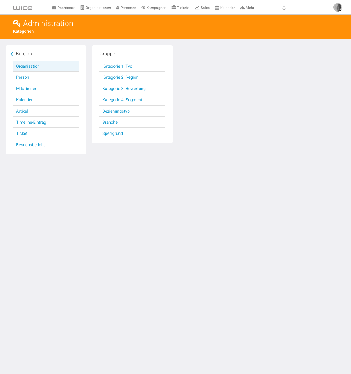 Administration → Kategorien: Bereiche inkl. Kalender und Besuchsbericht