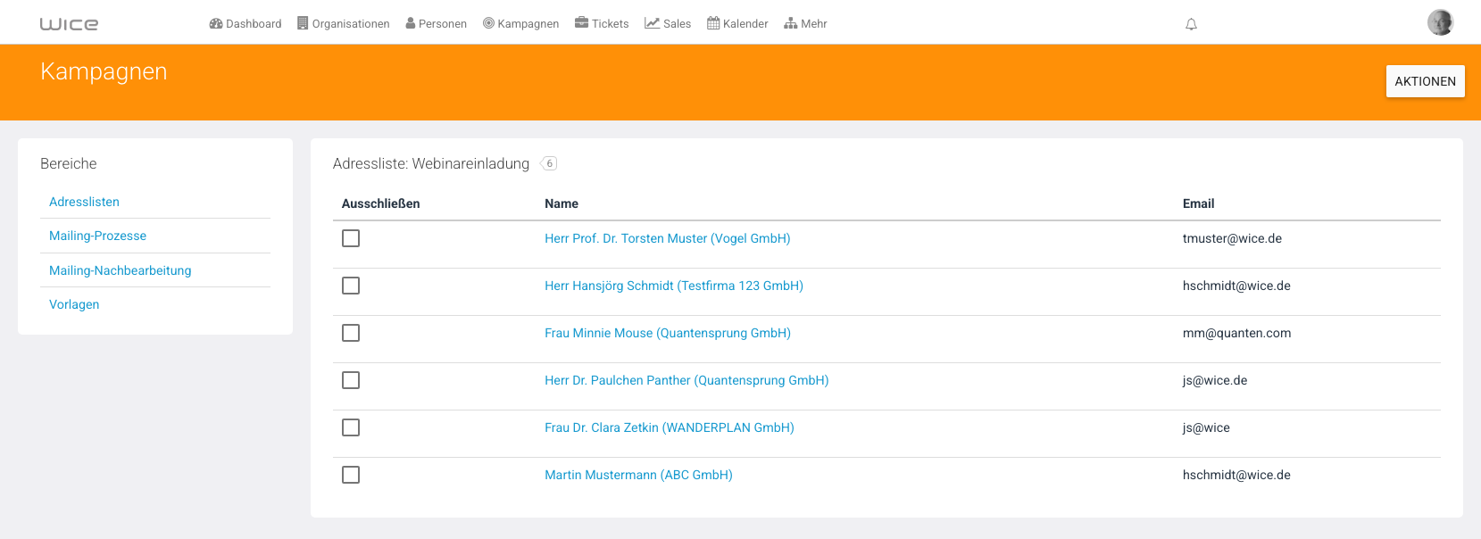 Teilnehmerliste der Adressliste Webinareinladung