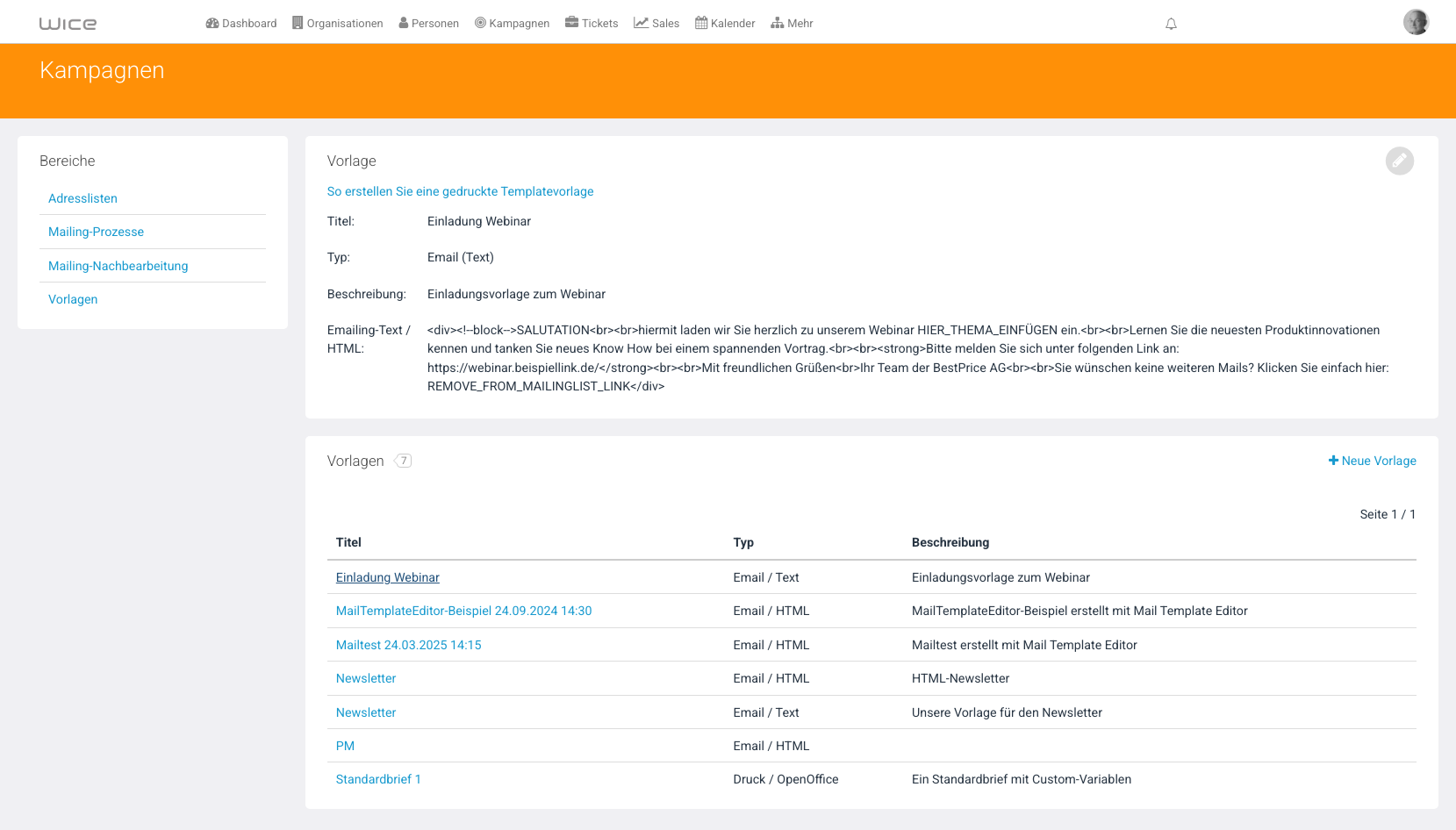 Detailansicht der Vorlage Einladung Webinar