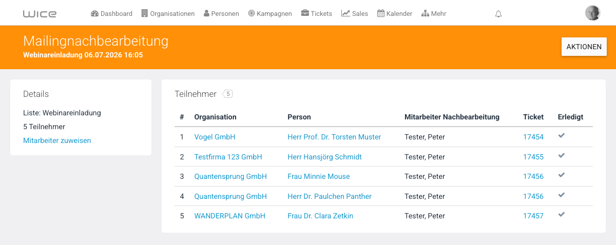Teilnehmertabelle mit angelegten Tickets