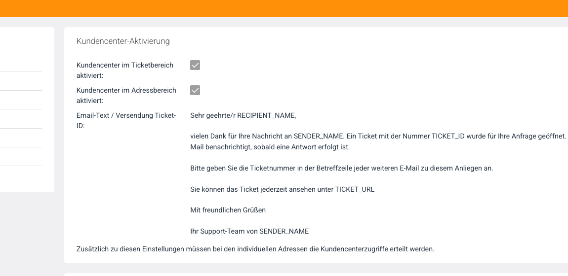 Kundencenter-Aktivierung und E-Mail-Vorlage