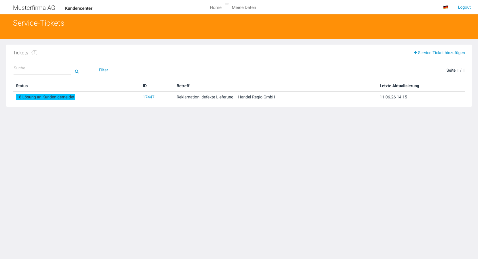 Kundencenter — Service-Ticket-Liste