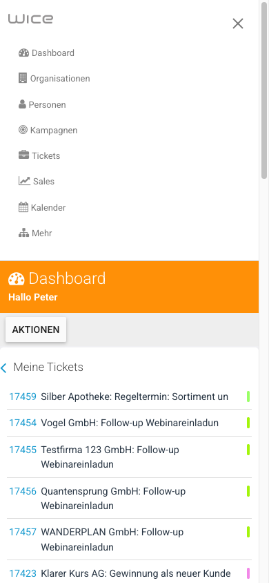 Aufgeklapptes Hauptmenü auf dem Smartphone