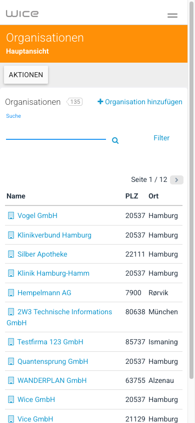 Organisationsliste auf dem Smartphone