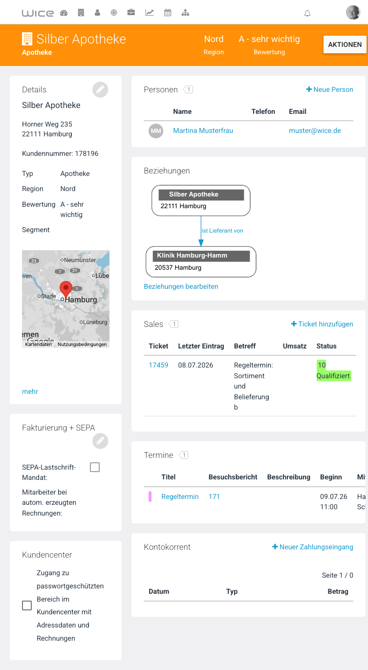 Organisationsdetail mit allen Bereichen auf Tablet-Breite