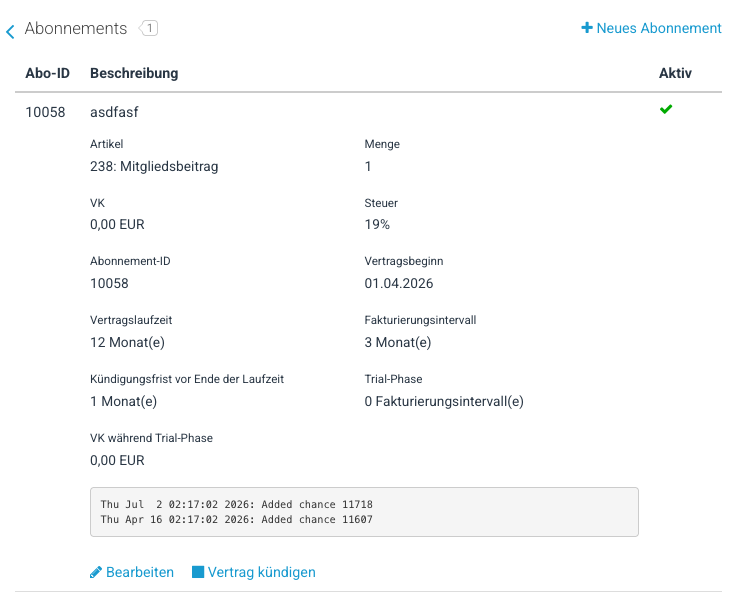 Abonnement-Detailansicht nach Klick auf „mehr"