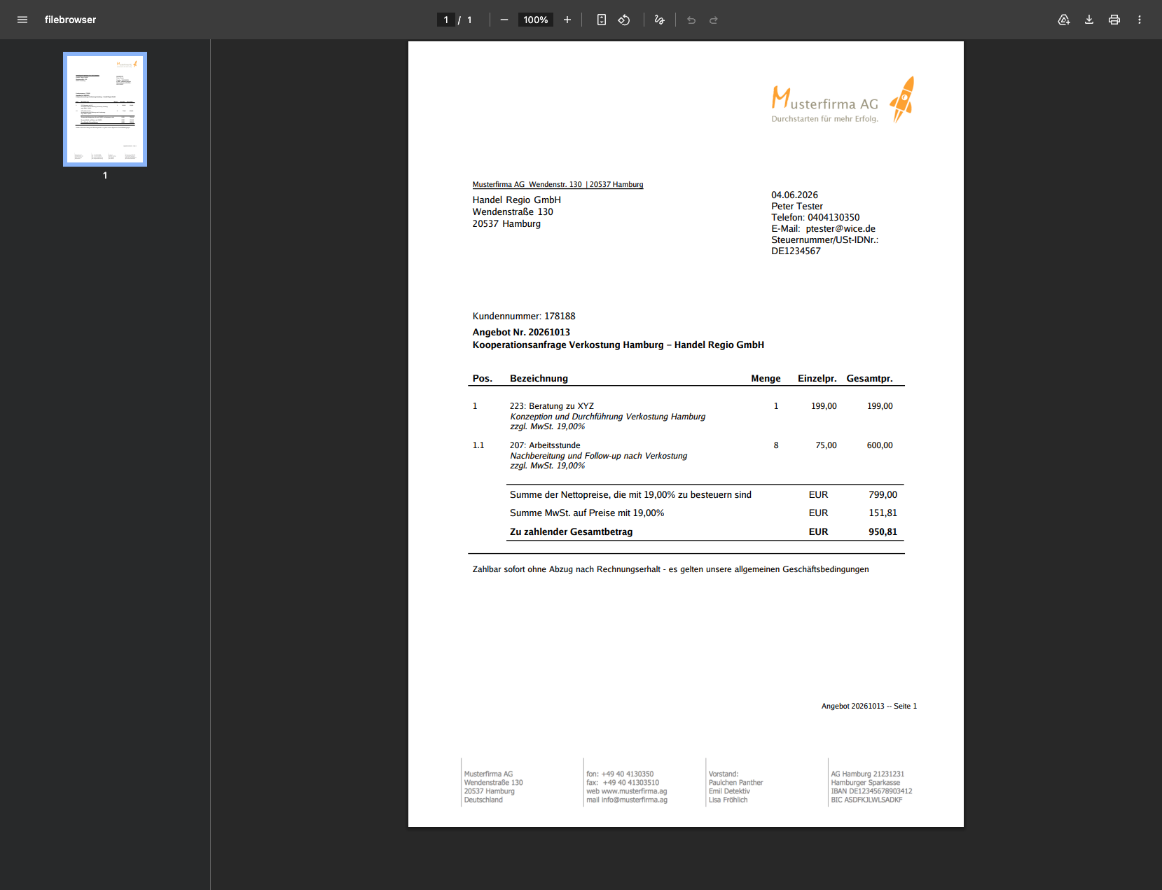 Angebot als PDF im Browser