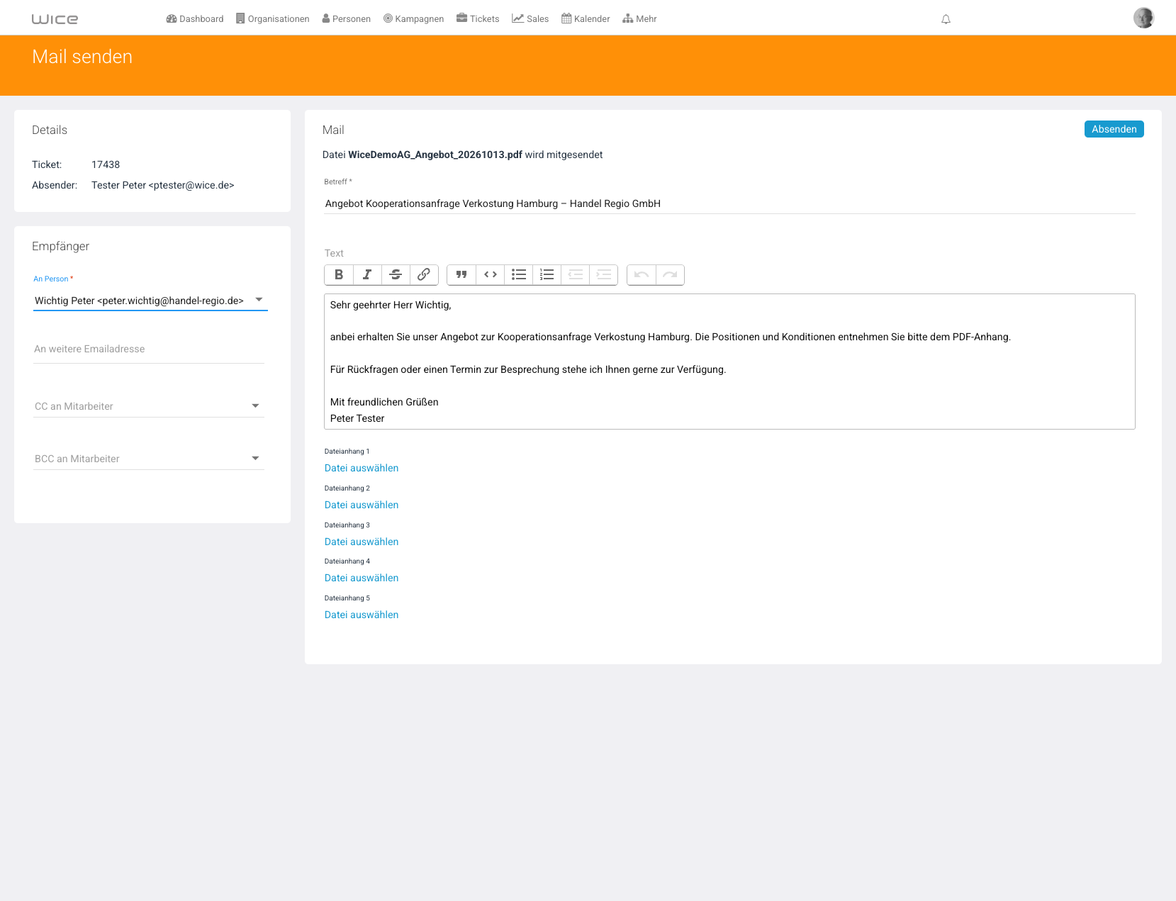 E-Mail-Composer mit Ticket und PDF-Anhang
