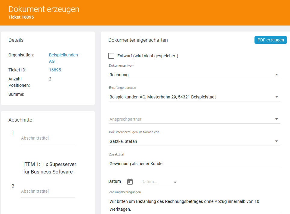 Angebot erzeugen: Dokumententyp und Angaben prüfen