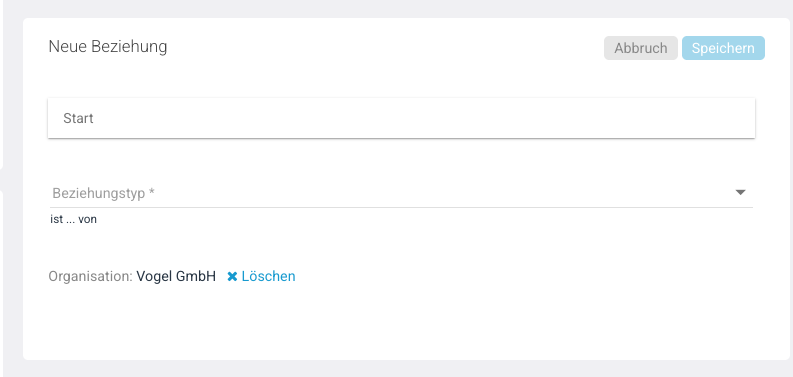 Formular Neue Beziehung mit Suchfeld Start und Beziehungstyp