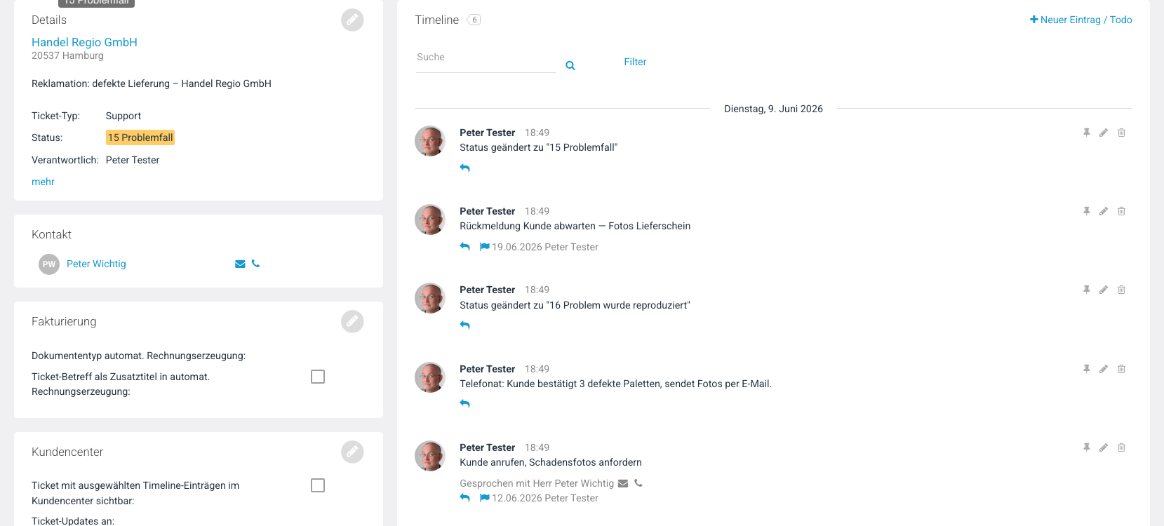 Timeline nach Statuswechsel und neuer Wiedervorlage