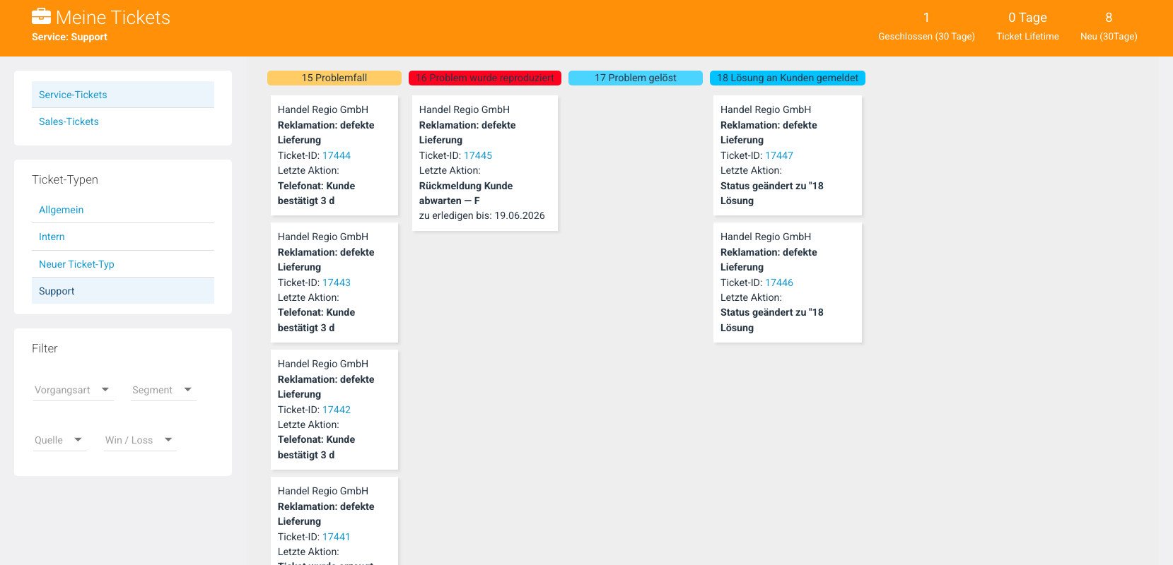Kanban-View mit Support-Tickets