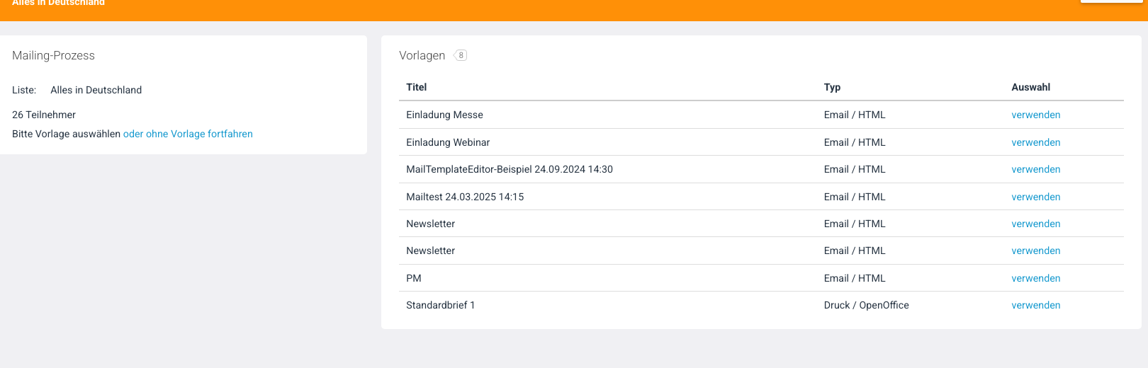 Mailing-Prozess — Druckvorlage auswählen